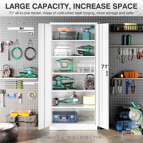 SISESOL White Metal Storage Storage Cabinet with 5 Adjustable Shelves,Metal Cabinet with Locking Doors,Steel Pantry Cabinet with Lock,72" Lockable Storage Cabinet for Home,Office,Garage,Kitchen,Shop SISESOL