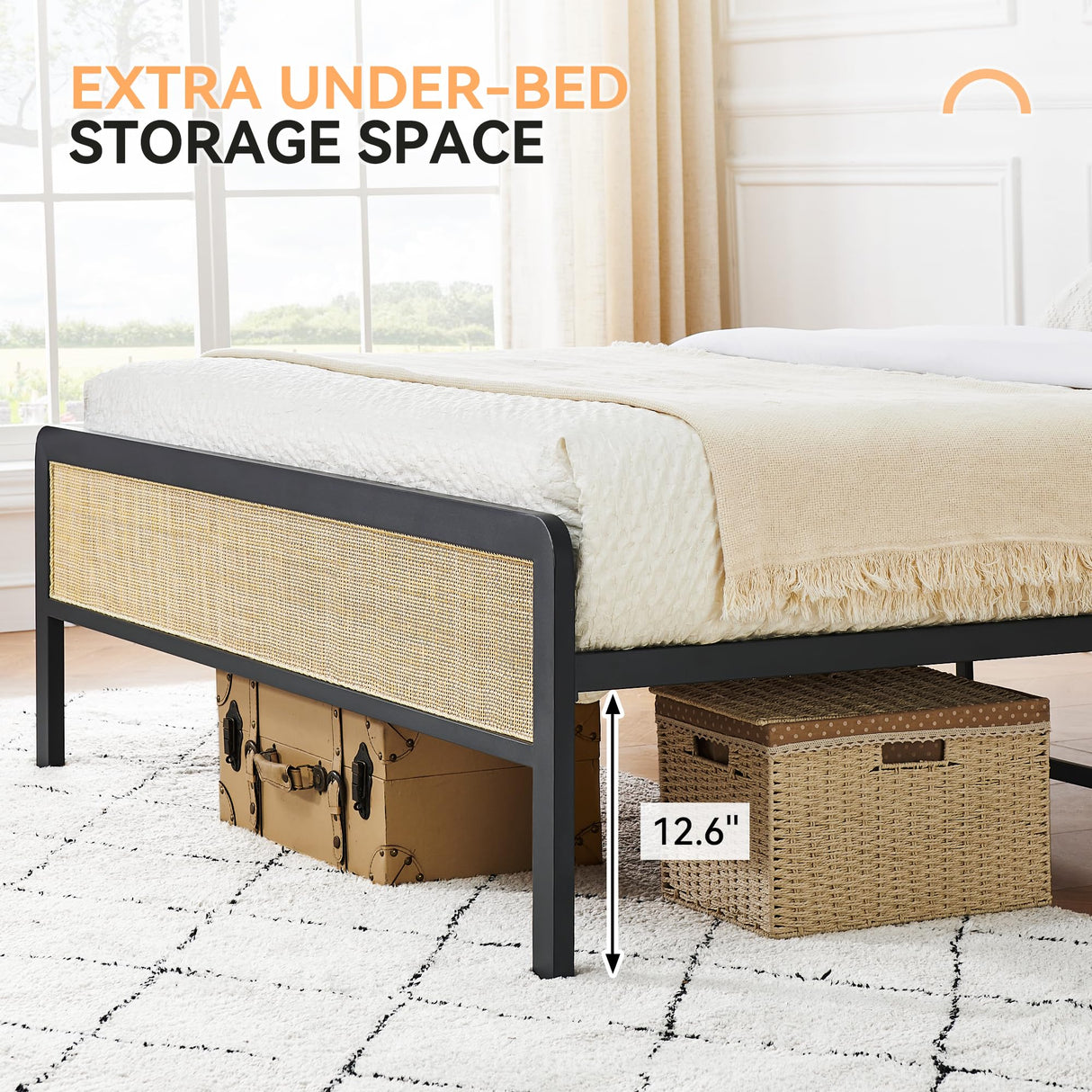 IDEALHOUSE Queen Size Bed Frame with Rattan Headboard and Footboard, Platform Bed Frame with Safe Rounded Corners, Strong Metal Slats Support, Mattress Foundation IDEALHOUSE