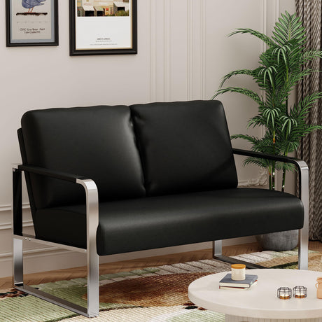 POINTANT Love Seat Mini Couch Small Settee Loveseat Bench for Living Room, Faux Leather Loveseat Sofa Waiting Room Furniture for Small Spaces with Padded Cushion, Mid Century Modern Black Love Seats POINTANT