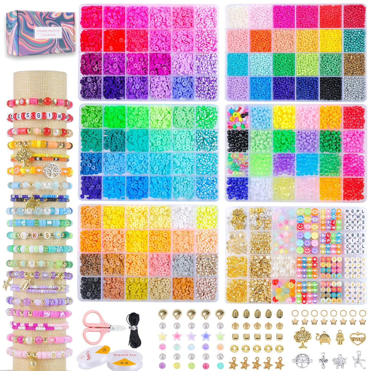 OCCALONG 6 Box Set Friendship Bracelet Making Kit - 13000 Pcs, DIY Jewelry Making Set - Includes Clay, Seed, Pony Beads, Charms, and String occalong