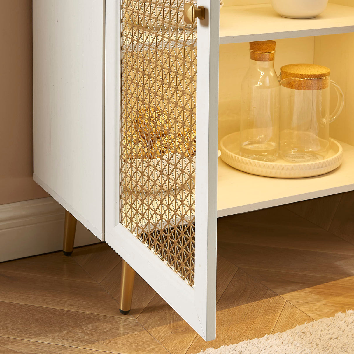 EDYO LIVING 63" Metal Decorative Sideboard Buffet Cabinet with LED Light, White Credenza Storage Cabinet, Wood Accent Cabinet with 4 Doors for Living Room EDYO LIVING