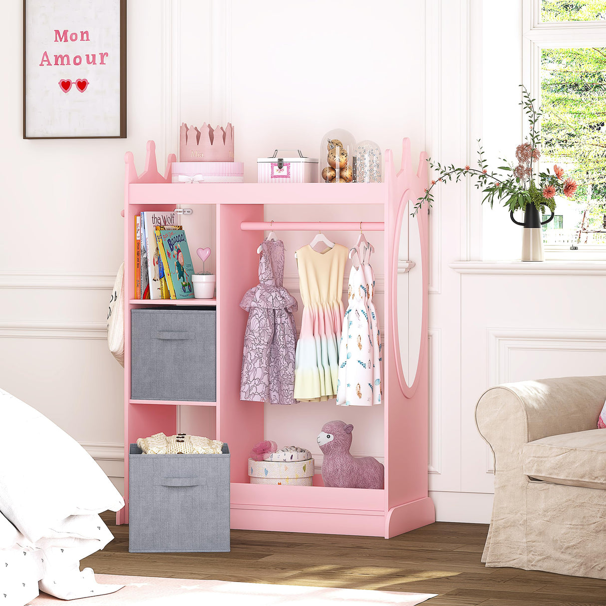 UTEX Kids Armoire Wardrobe Closet with Mirror and Storage Bin, Pink, 33.4 in W x 15.75 in D x 44.5 in H UTEX