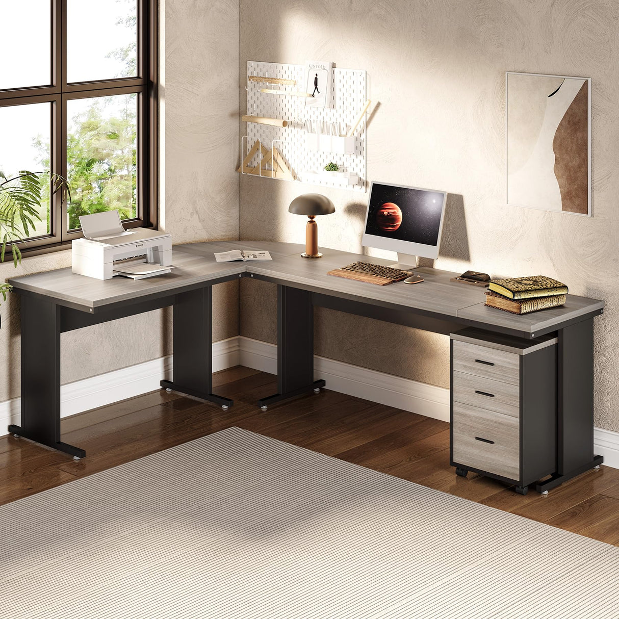 LITTLE TREE 82.67" Long Executive Desk with Drawers, Large L-Shaped Office Desk with Mobile File Cabinet, Farmhouse Computer Office Furniture Work Desk with Storage for Home Office, Gray LITTLE TREE