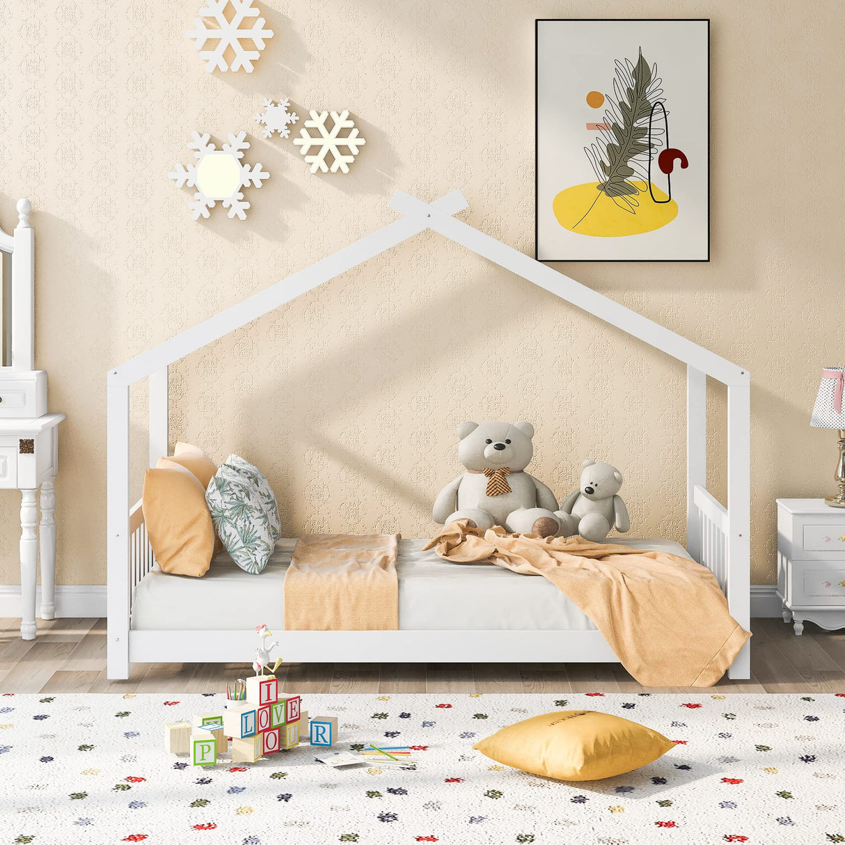 Merax Twin Kids House Bed Frame – Charming Wood Design with Headboard & Footboard in White Merax