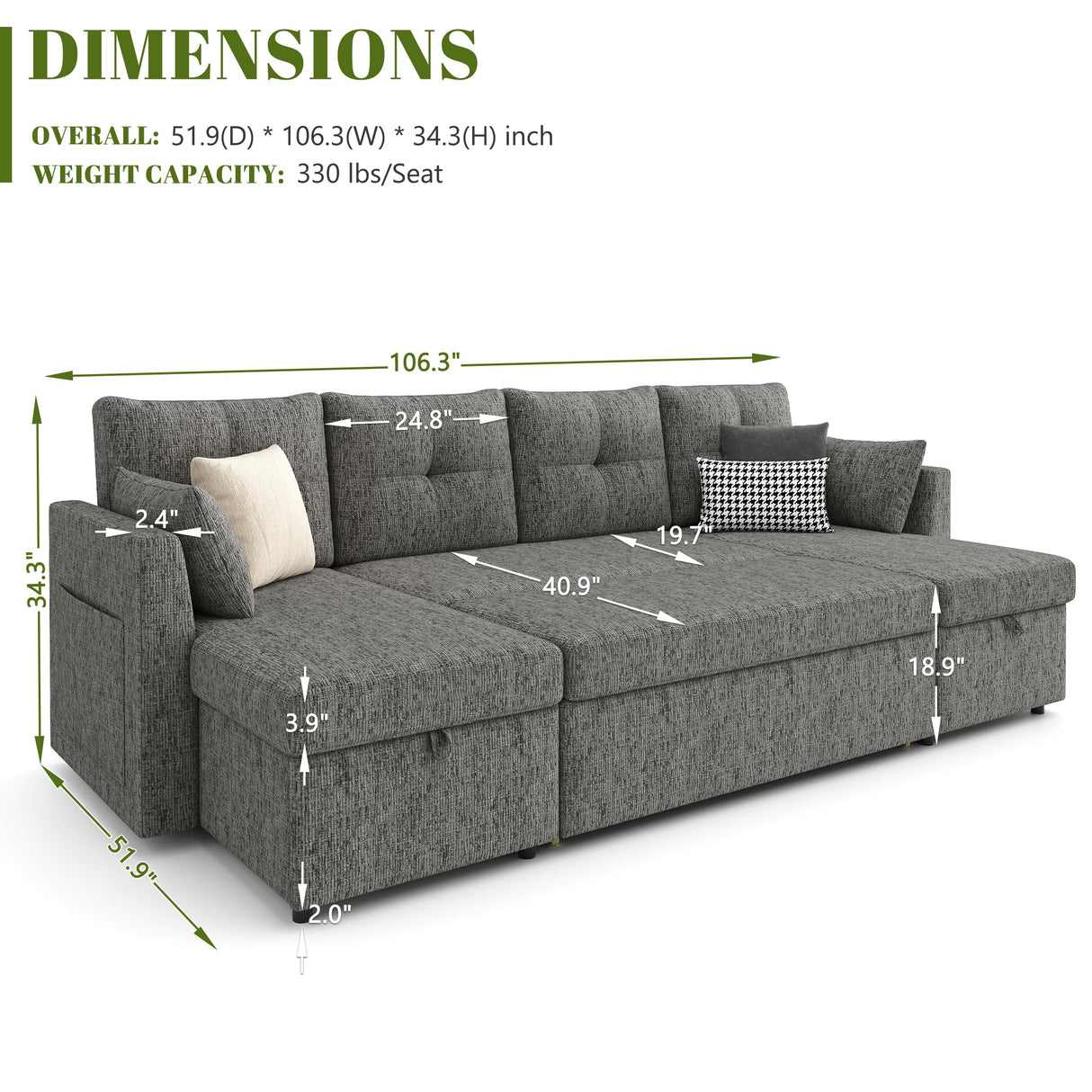 Huatean Home Oversized Sleeper Sofa Couch, 110 inch 2 in 1 Pullout Couch Bed with Double Storage Chaise, Sectional Sleeper Sofa Bed with Side Pocket for Living Room, Dark Grey Huatean Home