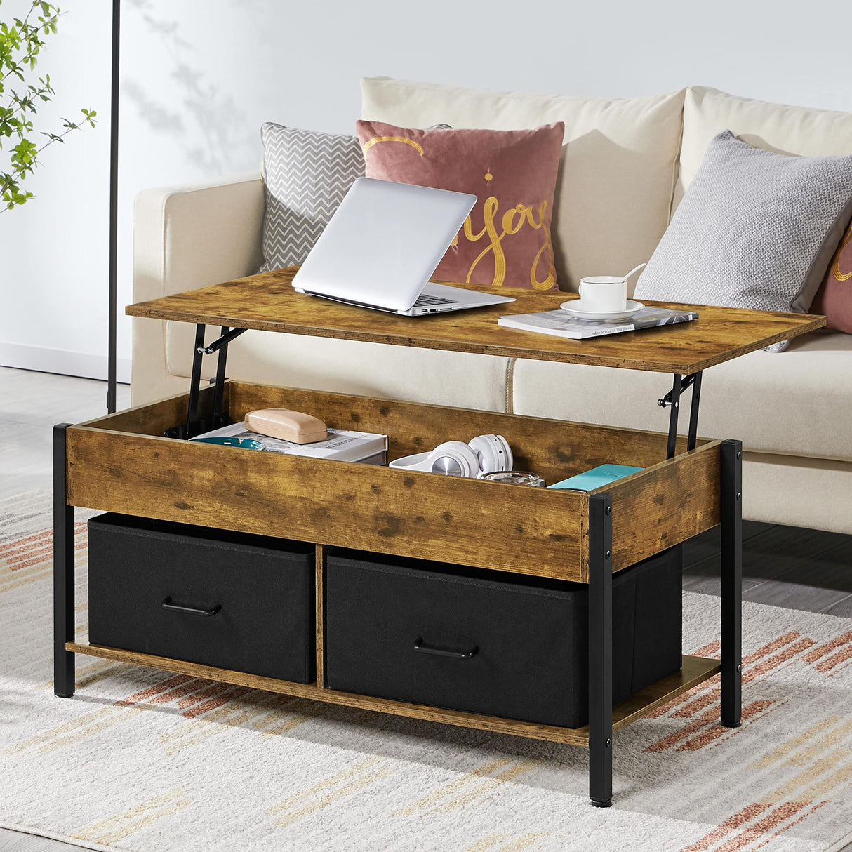 Yaheetech Lift Top Coffee Table with Storage and 2 Fabric Baskets, 41.5 Inch Wooden Raisable Top Coffee Table for Living Room & Office, Rustic Brown Yaheetech
