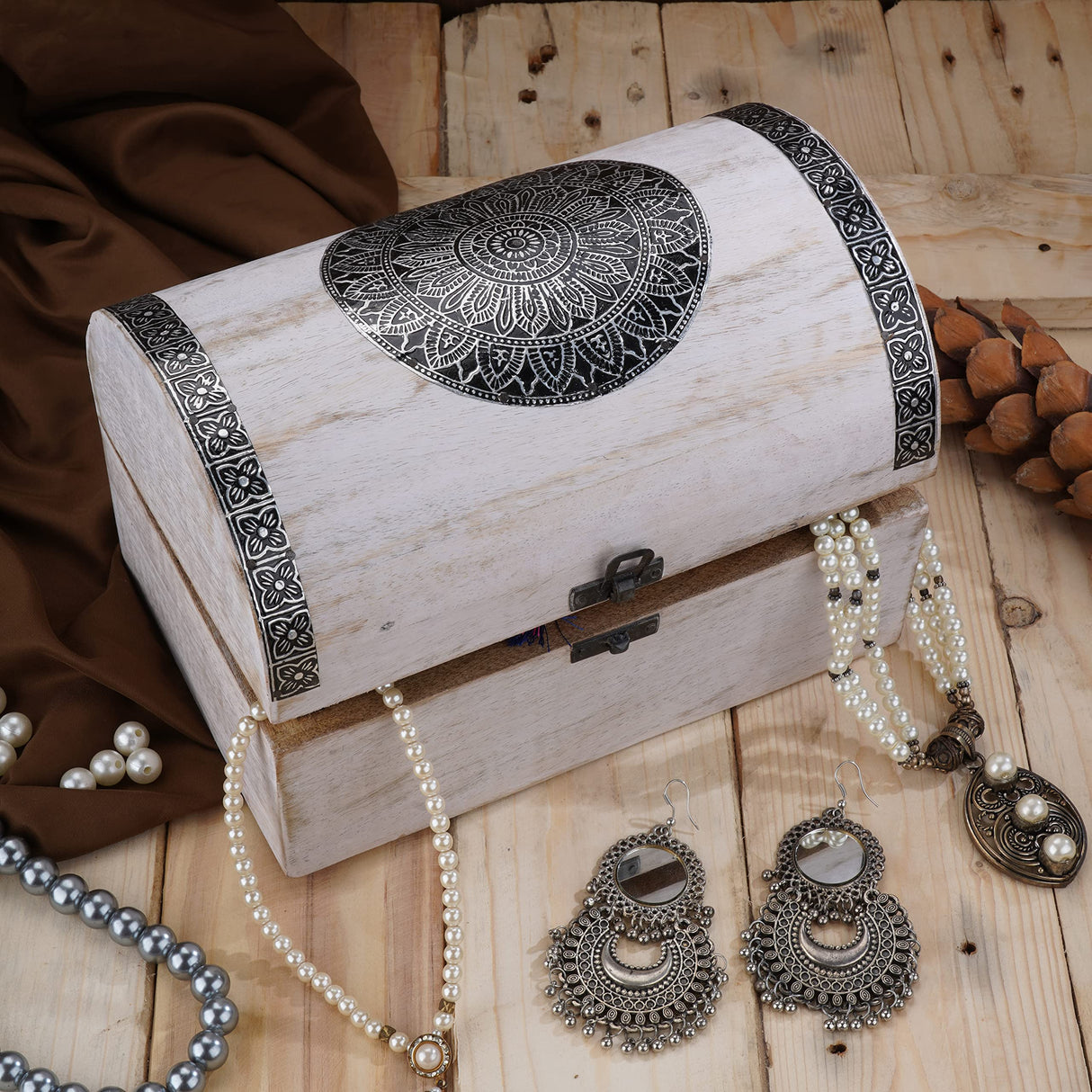 Ajuny Wooden Handcarved Decorative Jewelry Box with Mandala Flower Design on Lid Multipurpose Treasure Chest Keepsake Trinket Holder Storage Organizer Case Gifts White 9x6 Inch Ajuny