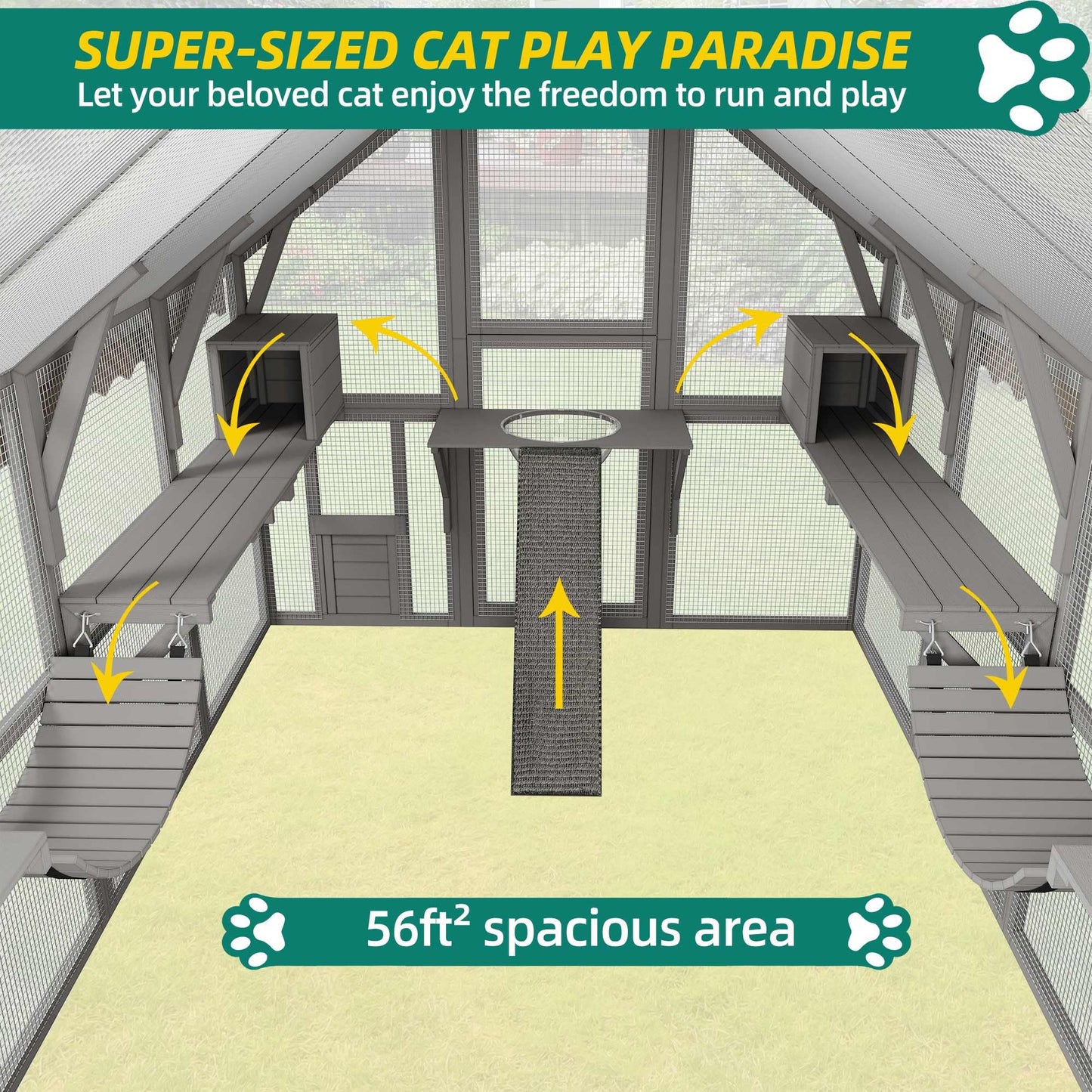 YITAHOME Extra Large Catio Outdoor Cat Enclosure, 110 inch Outside Cattery with Weatherproof Roof, Cat Scratcher Ramp, Cat Space Capsule Bed, 2 Bridges, 2 Resting Houses, 7 Platforms