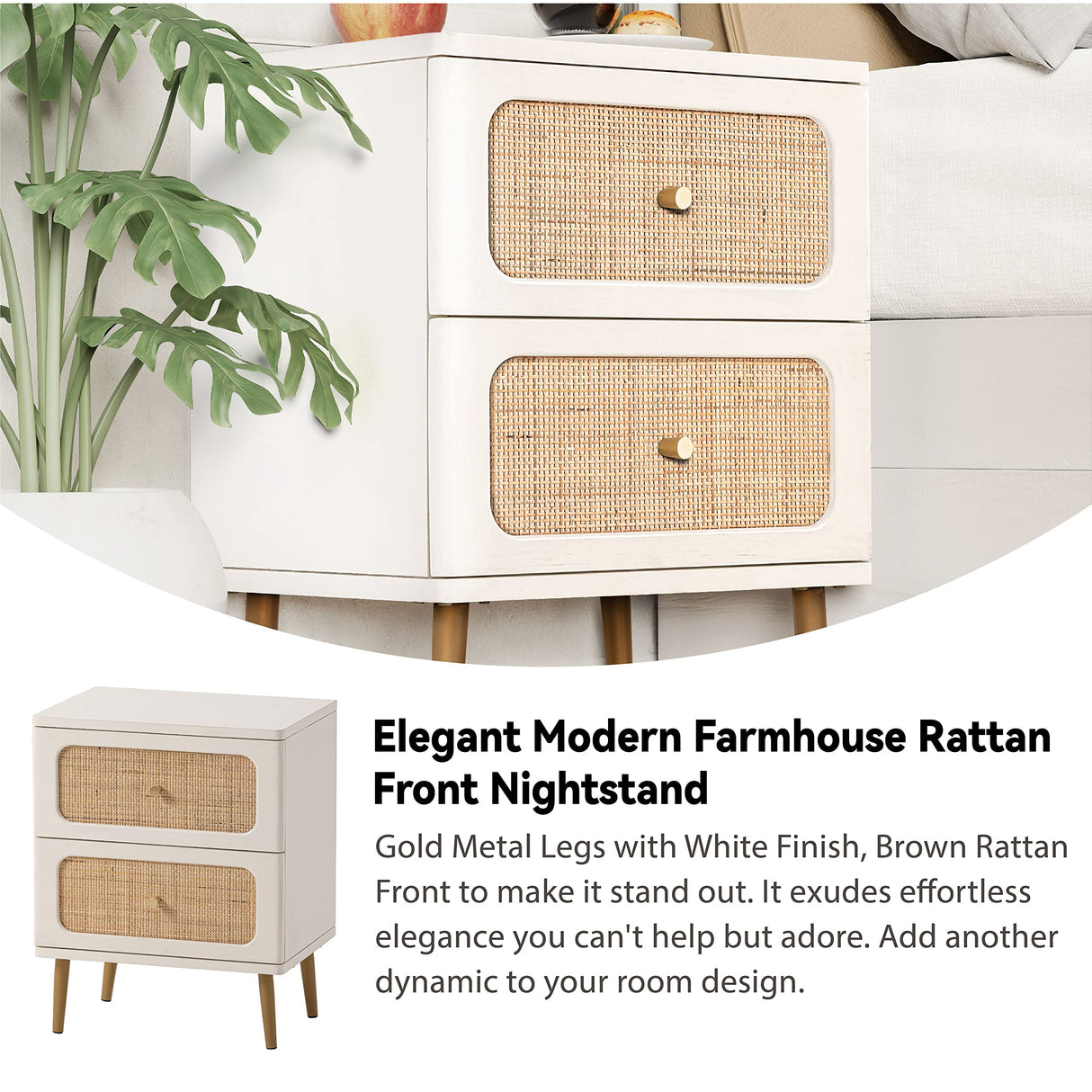 LONYKE Wicker Rattan Nightstand Set of 2, 2-Drawer End Table White Finish Side Table for Small Spaces, Modern Farmhouse Wooden Bedside Table, Boho Mid-Century Coastal Storage Cabinet LONYKE