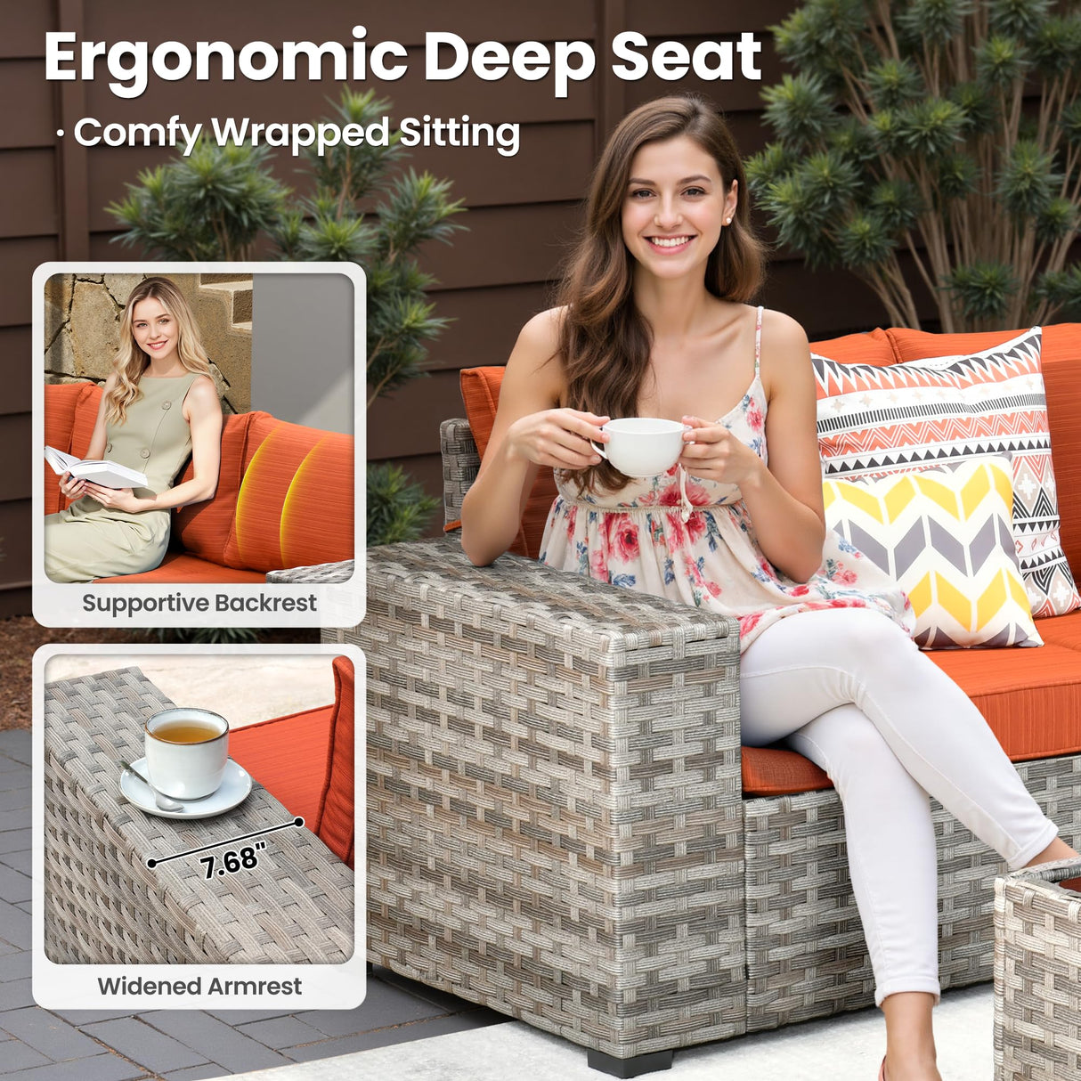 ovios 6 Pieces Patio Furniture Set, Outdoor Wicker Sectional Sofa with Glass Table Comfy Cushions, Modern Modular Deep Seat Couch Rattan Conversation Set, Orange Red ovios