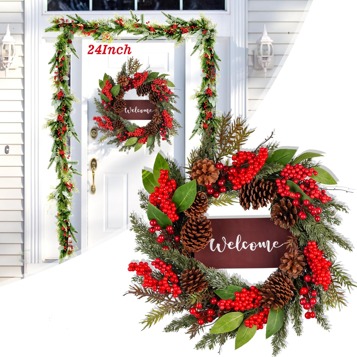 24 Inches Christmas Wreaths for Front Door with a Welcome Sign, Christmas Decorations, Decorated with Pine Cones, Berry Clusters, Frosted Branches, Christmas Collection