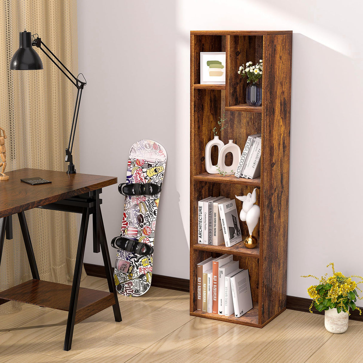 VECELO Small Bookshelf, 5 Cube Slim Bookcase, Fits Tallest Hardcovers, Horizontal Available, Modern Floor Standing Unit, Each Shelf Hold Up to 66 LBS, Vintage Brown VECELO