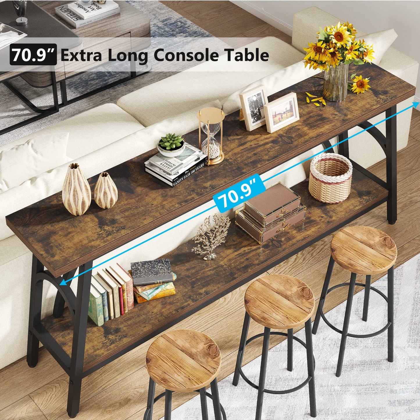 Tribesigns Extra Long Sofa Tables, 70.8”Console Table for Entryway, Wood Console Table 2 Tier TV Stand, Behind Couch Table for Living Room, Rustic Brown Black - WoodArtSupply