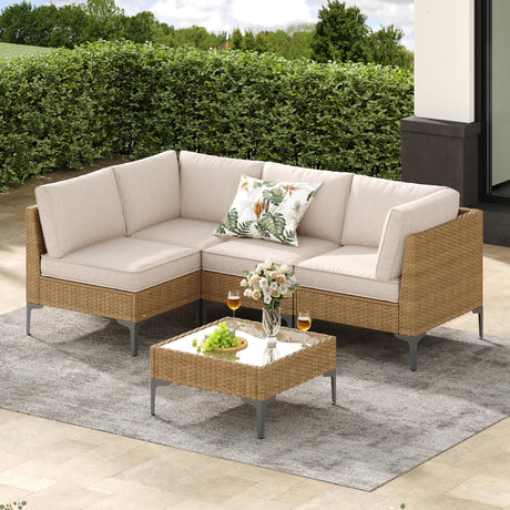 Jing's Villa 5-Piece Outdoor Patio Furniture Set,Rattan Conversation Sectional Sofa w/Coffee Table, All-Weather Patio Conversation Set with Thick and Anti-Slip Cushions for Backyard,Deck,Porch,Beige Jing's Villa