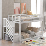 Low Bunk Beds Twin Over Twin with Stairs Solid Wood Bunk Bed Frame for Kids Boys Girls Teens, White Bellemave
