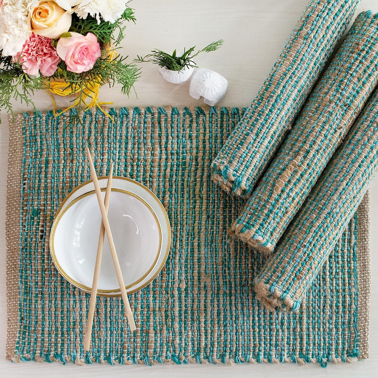 Chardin Home Natural Jute & Aqua Turquoise Placemats, Set of 4 – Rustic Handmade Boho Table Mats, 13x19 in Dining Table Placemats - Kitchen, Everyday Meals, Holidays, Farmhouse or Modern Table Décor Chardin home