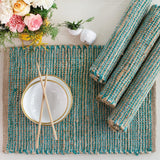 Chardin Home Natural Jute & Aqua Turquoise Placemats, Set of 4 – Rustic Handmade Boho Table Mats, 13x19 in Dining Table Placemats - Kitchen, Everyday Meals, Holidays, Farmhouse or Modern Table Décor Chardin home