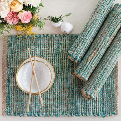 Chardin Home Natural Jute & Aqua Turquoise Placemats, Set of 4 – Rustic Handmade Boho Table Mats, 13x19 in Dining Table Placemats - Kitchen, Everyday Meals, Holidays, Farmhouse or Modern Table Décor Chardin home