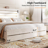 Jocisland Queen Size Farmhouse Bed Frame with 51" Headboard, LED Reading Lights, Rustic Wood Look, No Box Spring Needed, Ash White Jocisland