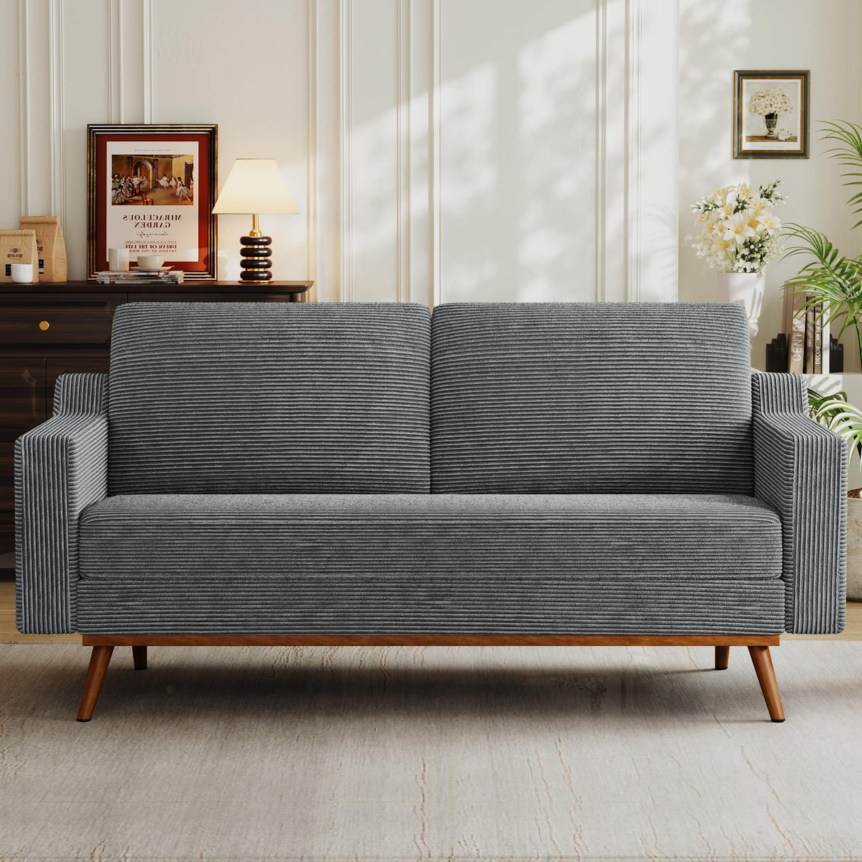 Vipbear 65.4" Loveseat Sofa Grey Corduroy Couch, Mid-Century Modern Small Couches for Living Room, Bedroom, Office, Comfy Sofa with Spring Cushion, Solid Wood Frame, Tool-Free Assembly Vipbear
