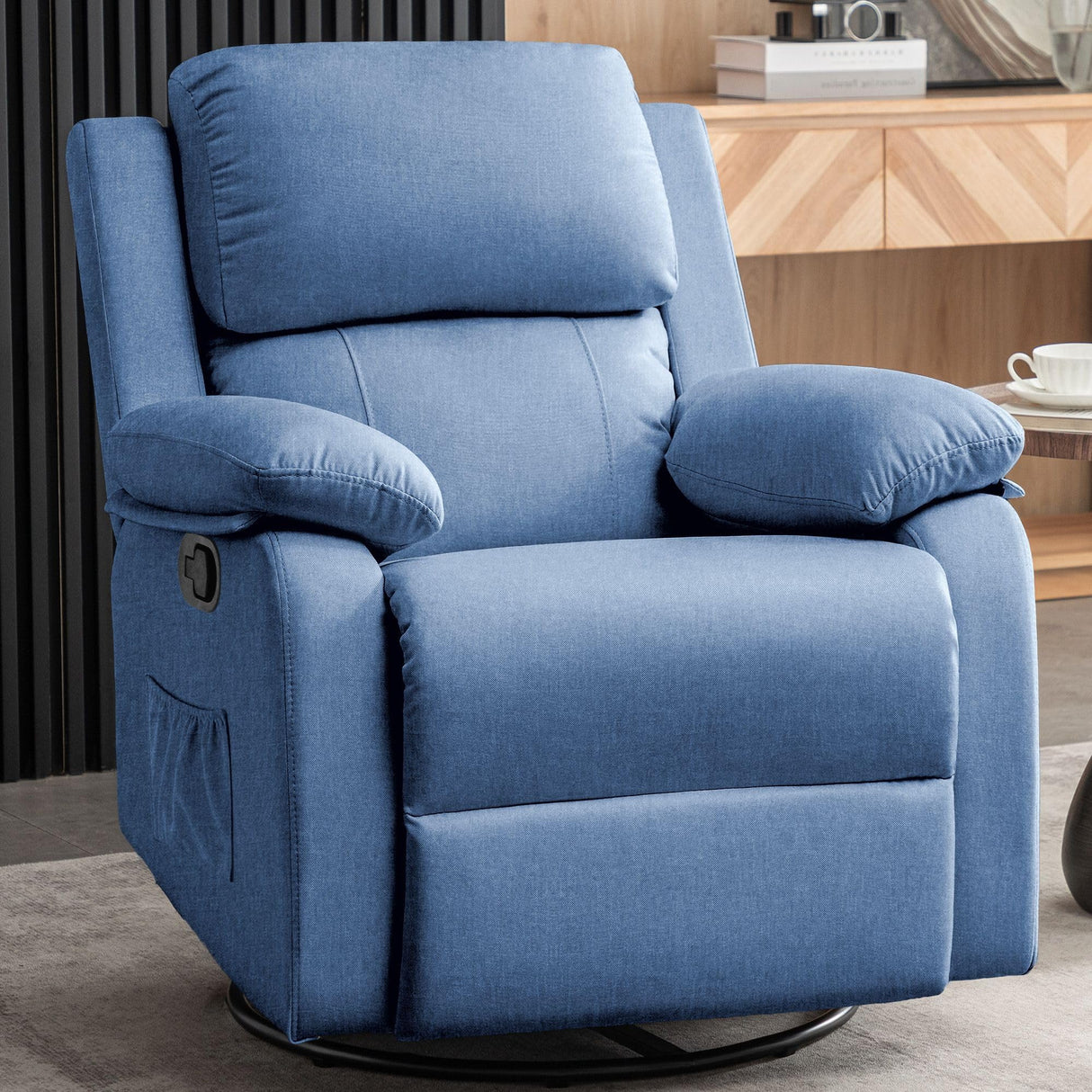 Korser Recliner Chair, 360 Swivel Rocker Chair for Adults, Small Rocking Recliner Chair for Small Spaces, Upholstered Fabric Glider Recliner Nursery Chair with Side Pockets for Living Room, Nursery Korser