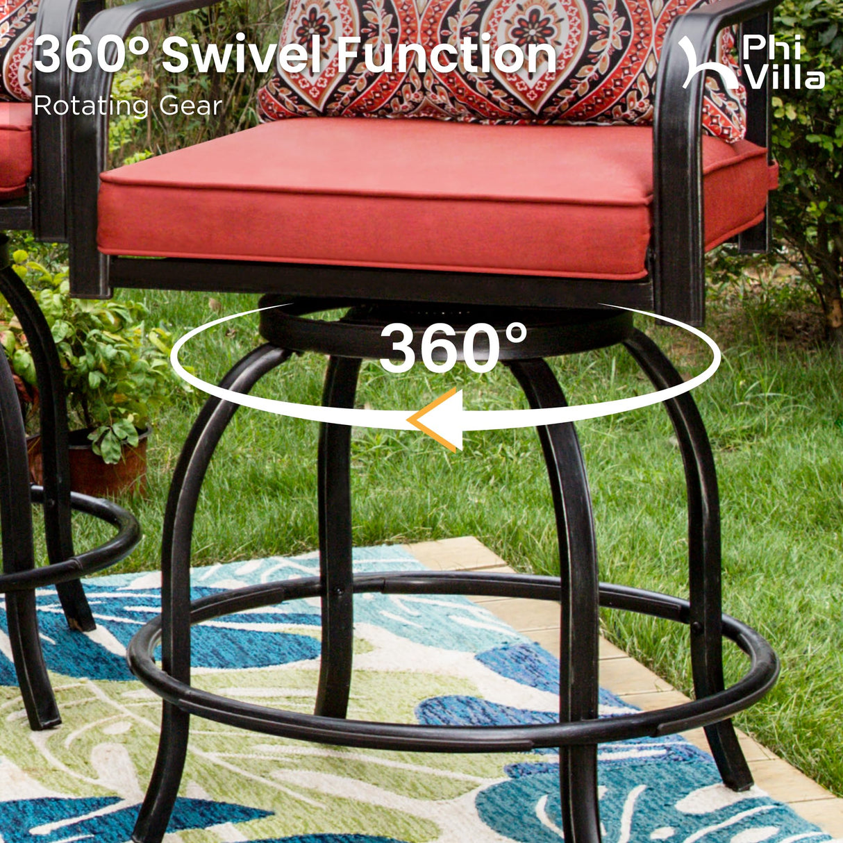 PHI VILLA 5 pcs Outdoor Bar Set, Outdoor Swivel Bar Stool with Red Seat Cushion and Lumbar Support,Extra Large Metal Bar Table with Umbrella Hole for Poolside Garden PHI VILLA