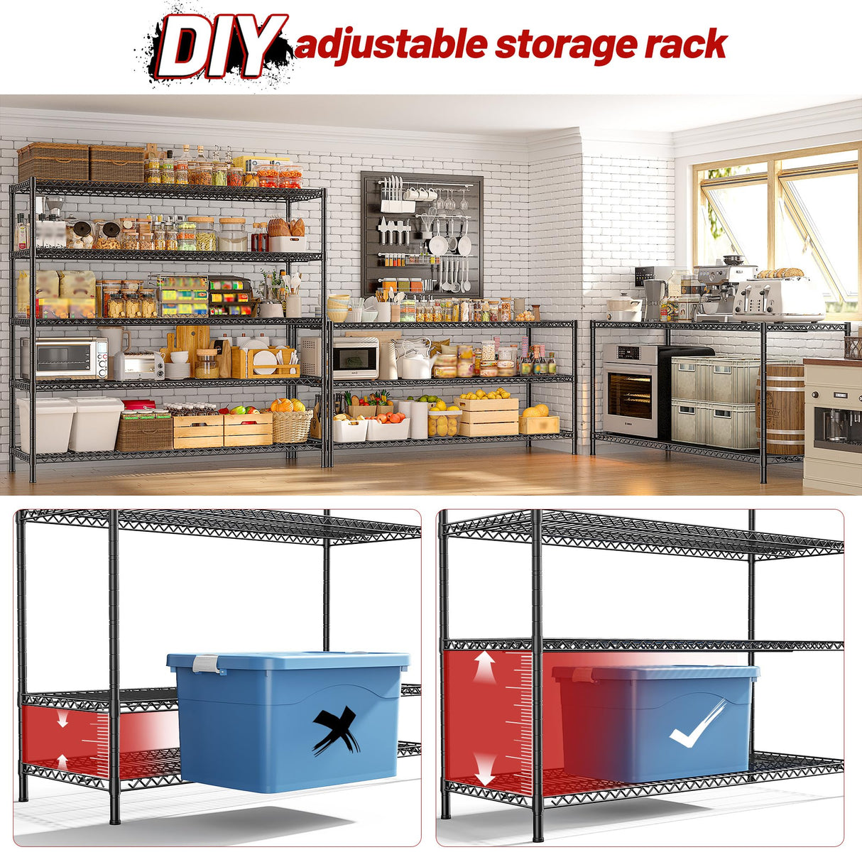 REIBII 55.5" W Storage Shelves 3200LBS Metal Shelving 5 Tier Wire Shelving Unit Garage Shelving Heavy Duty Metal Shelves for Storage Rack Commercial Adjustable Pantry Shelf, 55.5" W X 18''D X 71" H REIBII