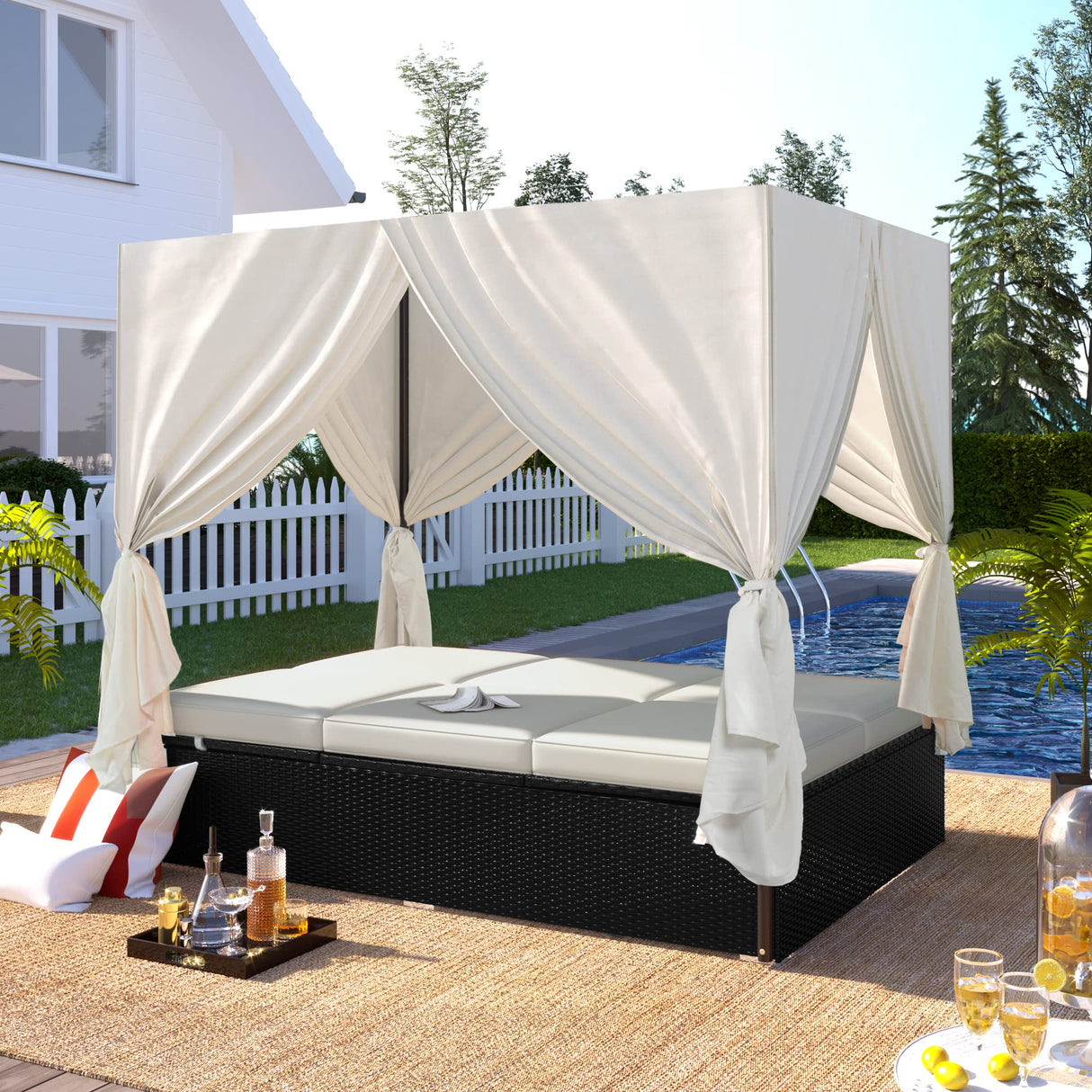 Patio Chaise Lounge, PE Rattan Outdoor Patio Wicker Sunbed Daybed with Adjustable Seats, Four-Sided Canopy, Overhead Curtain and Beige Cushions for Backyard, Garden, Poolside (for 2-6 People) Harper & Bright Designs