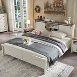 RedLemon Farmhouse Queen Size Bed Frame with Bookcase Headboard, Sliding Barn Door, Storage Cabinet, Charging Station, Wood Slats Support, No Box Spring Needed, Antique White RedLemon