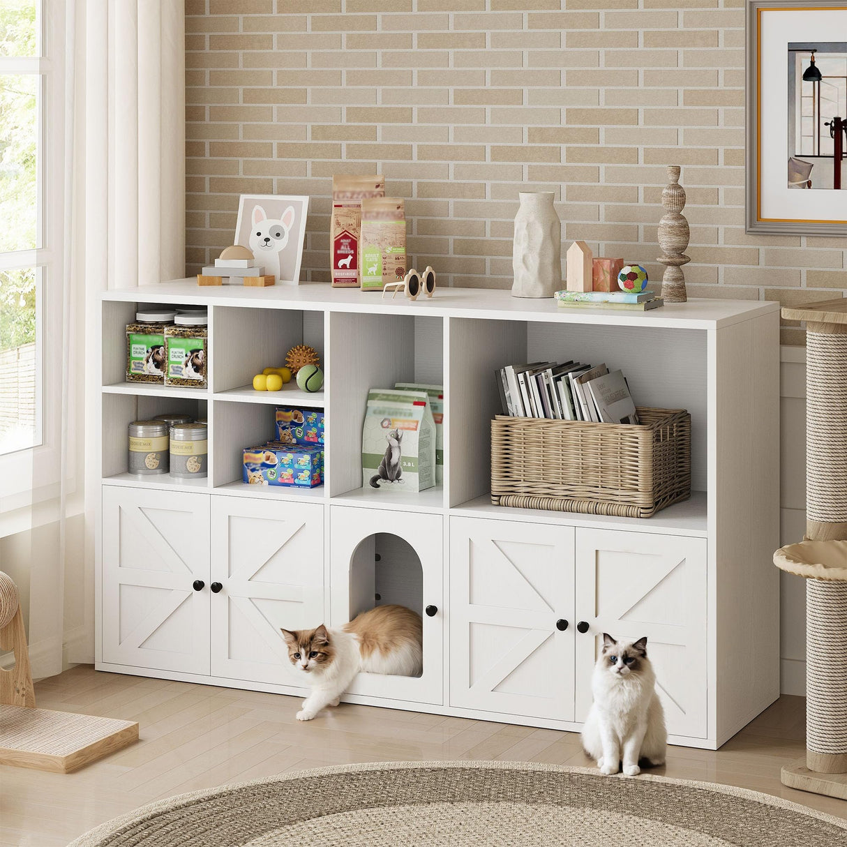 IRONCK Cat Litter Box Enclosure for 2 Cats, Litter Box Furniture Hidden with Double Room and Large Storage Space, Wooden Washroom Furniture, Cat House, White IRONCK