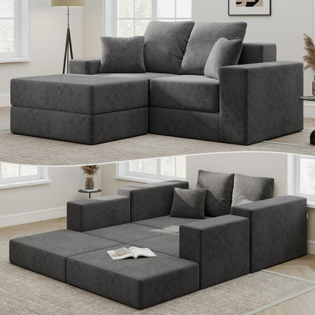 Modular Sectional Sofa, Cloud Boneless Couch with Deep Seat, Modern L-Shape Sectional Couch, Upholstered Couches for Living Room Bedroom, Convertible Foldable Sofa Bed, No Assembly, Dark Grey Living&Giving