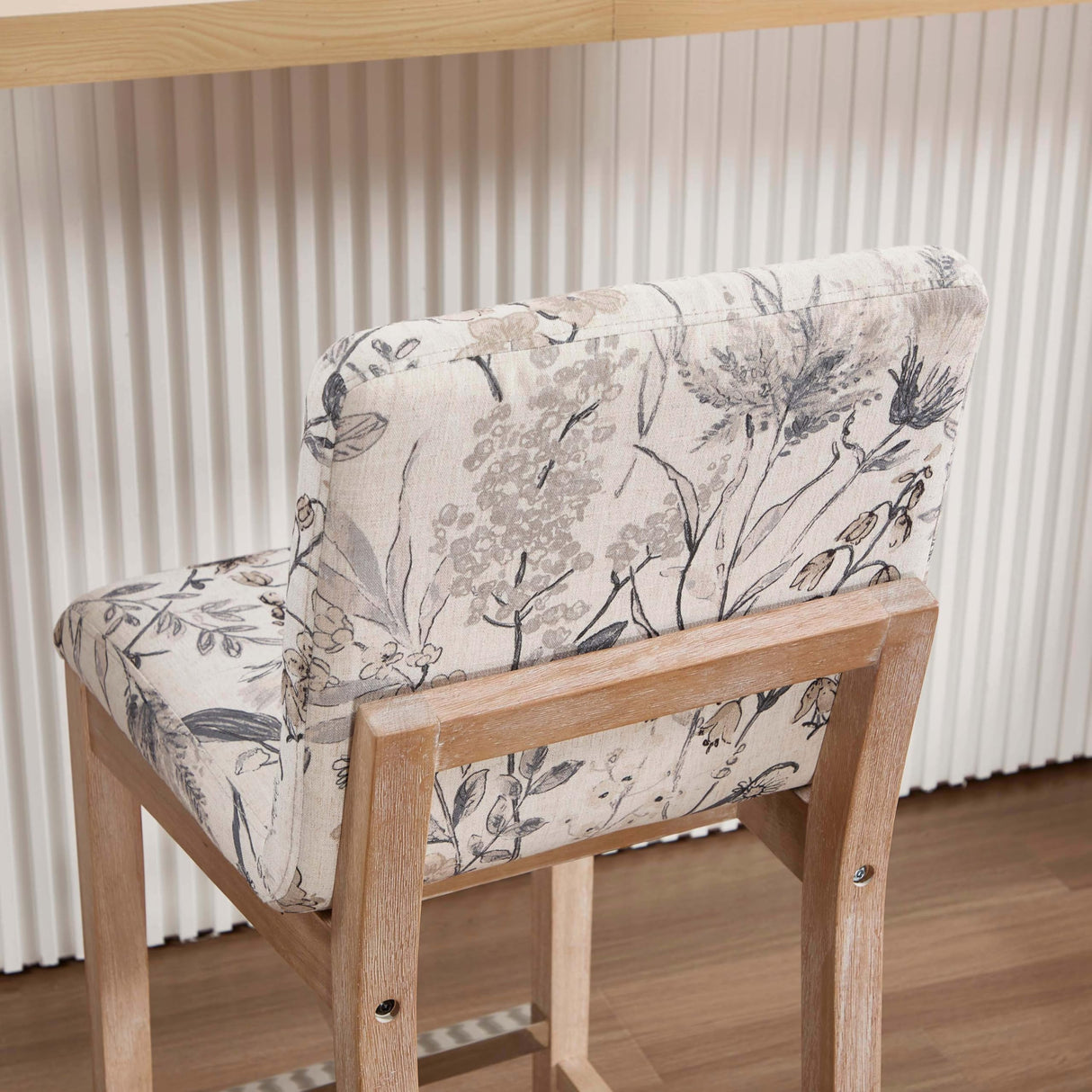 Kmax 26 Inch Bar Stools Set of 2, Farmhouse Upholstered Bar Stools with Back Support Rustic Wooden White Armless Barstools for Bar Club Pub - Linen, Floral Pattern Kmax