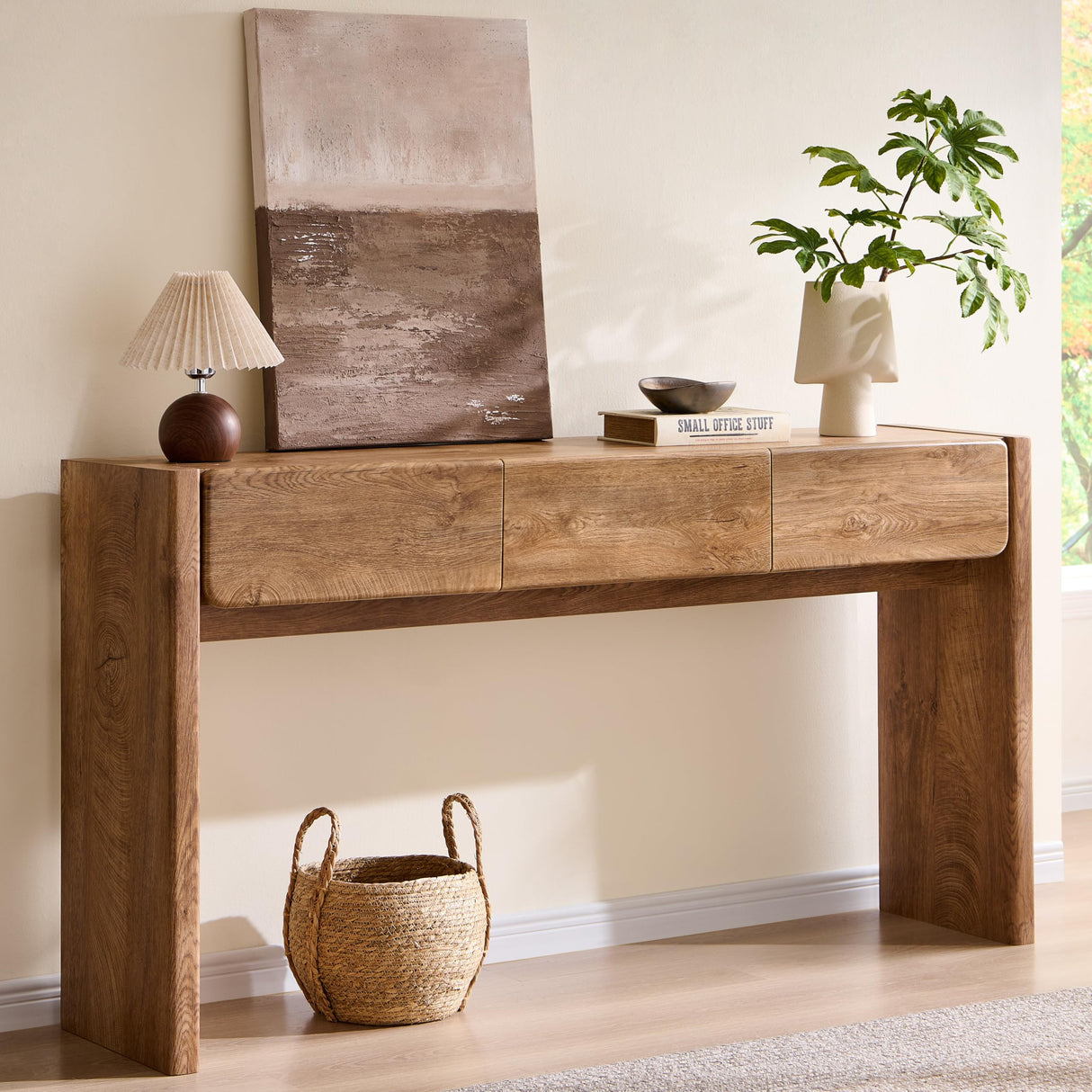 OKD 63'' Console Table with 3 Drawers, Farmhouse Entryway Table with Rounded Corners, Console Table Behind Couch for Living Room/Hallway-Light Knotty Oak OKD