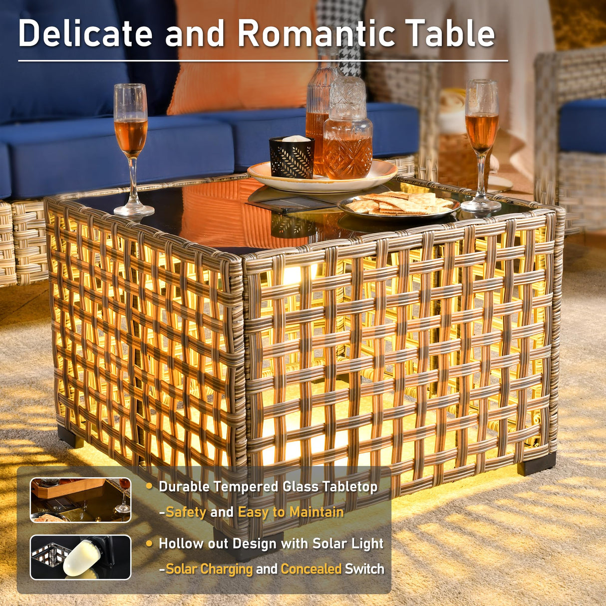 HOOOWOOO 3 Pieces Outdoor Patio Sectional Sets with 2 Single Arm End Corner Chairs and an LED Table,Black HOOOWOOO