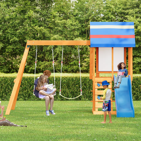 Playground Outdoor 3 in 1 Swing Sets with Slide, 2 Swings and Climber, Wood Outdoor Playset for Garden, Backyard and Playground (Blue) Flieks
