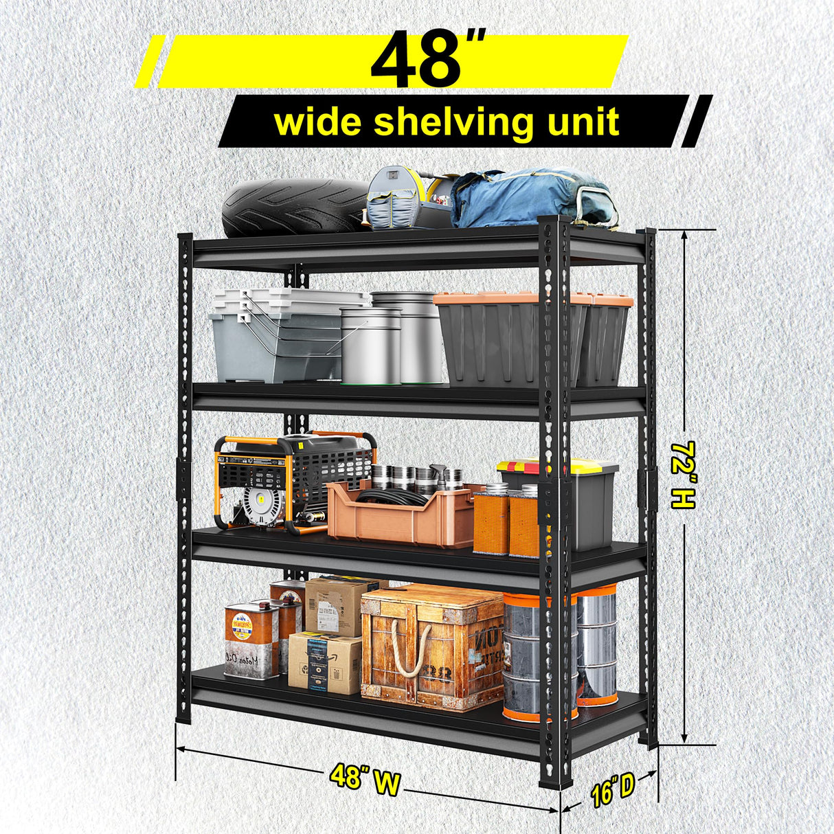 Huhaneon Garage Shelves Heavy Duty - 48''W 2,000Lbs Metal Adjustable Storage Shelving Rack Units for Warehouse Basement 48" W x 16" D x 72" H 4 Tier Black Huhaneon
