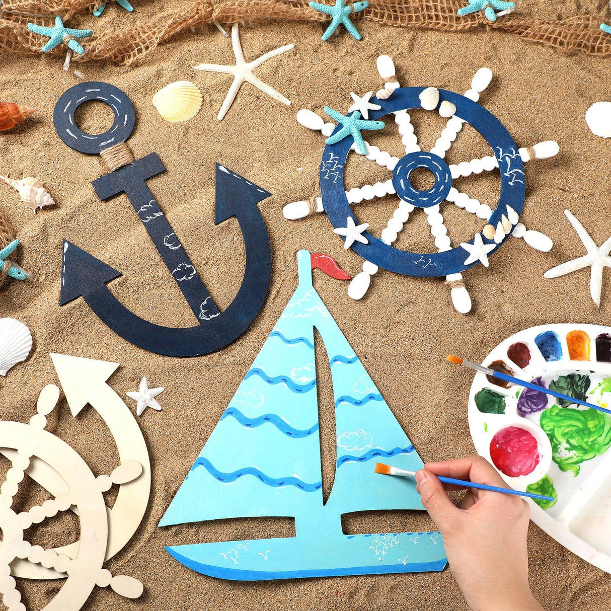 Burbell 6 Pack Large 11 Inches Unfinished Nautical Wood Cutouts for Crafts Unfinished Wooden Anchor Ship Wheel Boat for DIY Projects Nautical Party Decorations Burbell