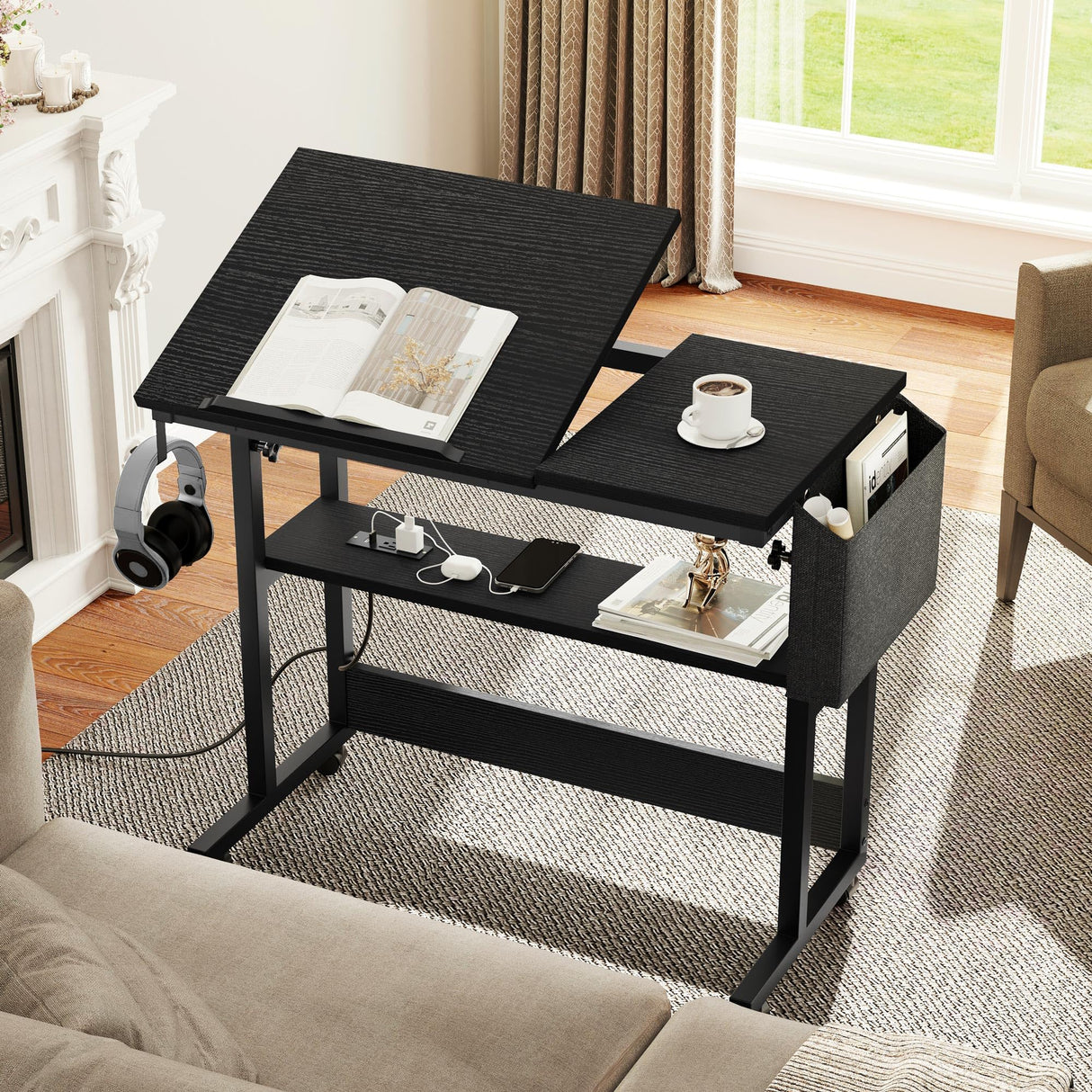 YITAHOME Height Adjustable Table with Charging Station, Portable Desk with Wheels, Small Standing Rolling Computer Desk with Tiltable Tabletop and Storage Bag, Black YITAHOME