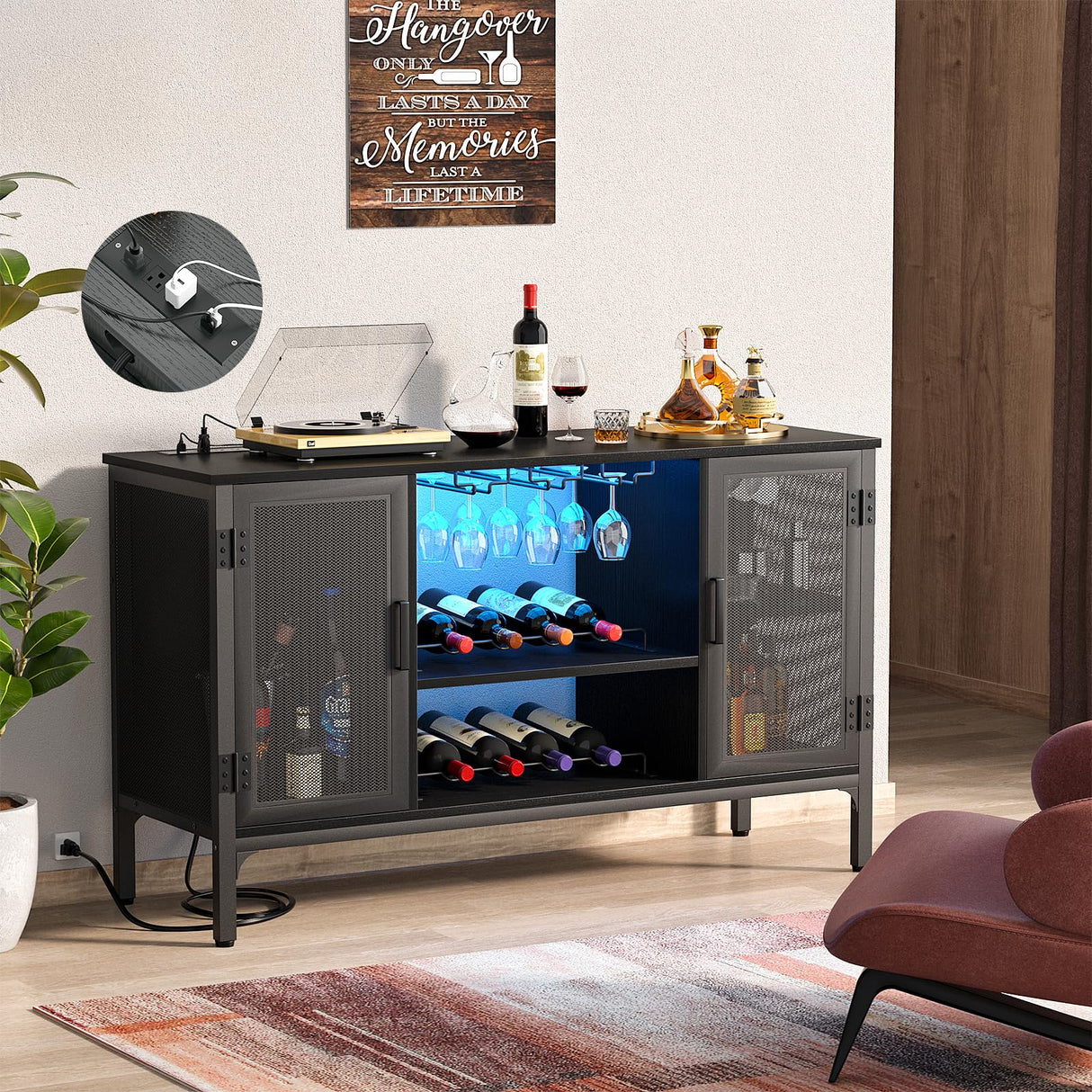 Homieasy Wine Bar Cabinet with Power Outlets & LED Lights, Industrial Liquor Cabinet with Adjustable Wine Racks, Coffee Station Cabinets with Storage for Kitchen/Home, Black Homieasy