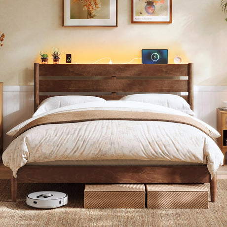 SONGMICS HOME Queen Bed Frame with Solid Wood Legs Slats, Platform Bed with Headboard, LED Lights, Charging Station, Mid-Century Modern Style, No Box Spring Needed, Coffee Brown URMB411K02 SONGMICS HOME