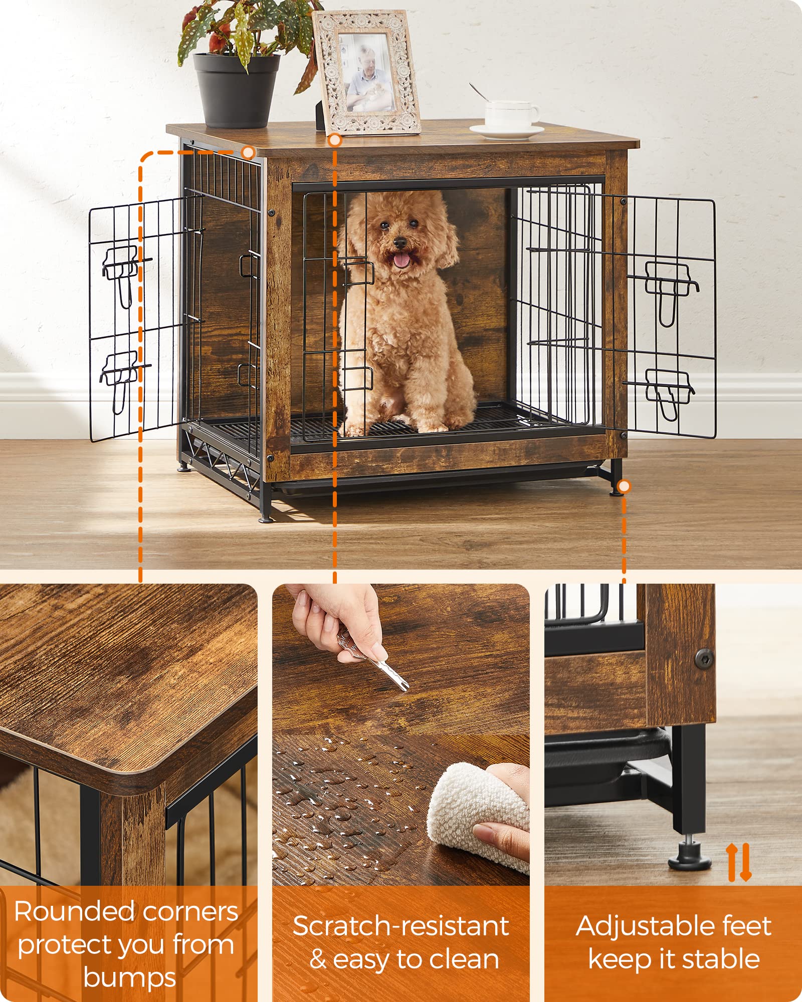 Feandrea Dog Crate Furniture, Side End Table, Modern Kennel for Dogs Indoor up to 30 lb, Heavy-Duty Dog Cage with Multi-Purpose Removable Tray, Double-Door Dog House, Rustic Brown UPFC001X01 - WoodArtSupply