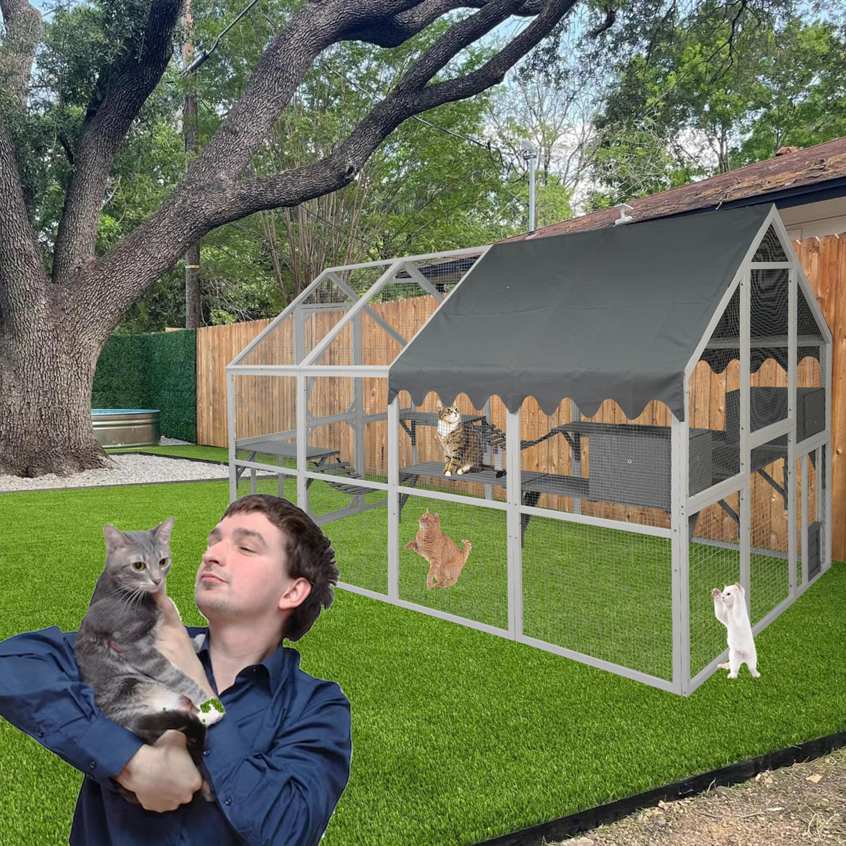 Large Catio Outdoor Cat Enclosure Walk in Cat Cage Cat Playpen Patio with Weatherproof Roof Cover, Multiple Platforms, 2 Bouncy Bridges and 2 Resting Houses White CuisinSmart