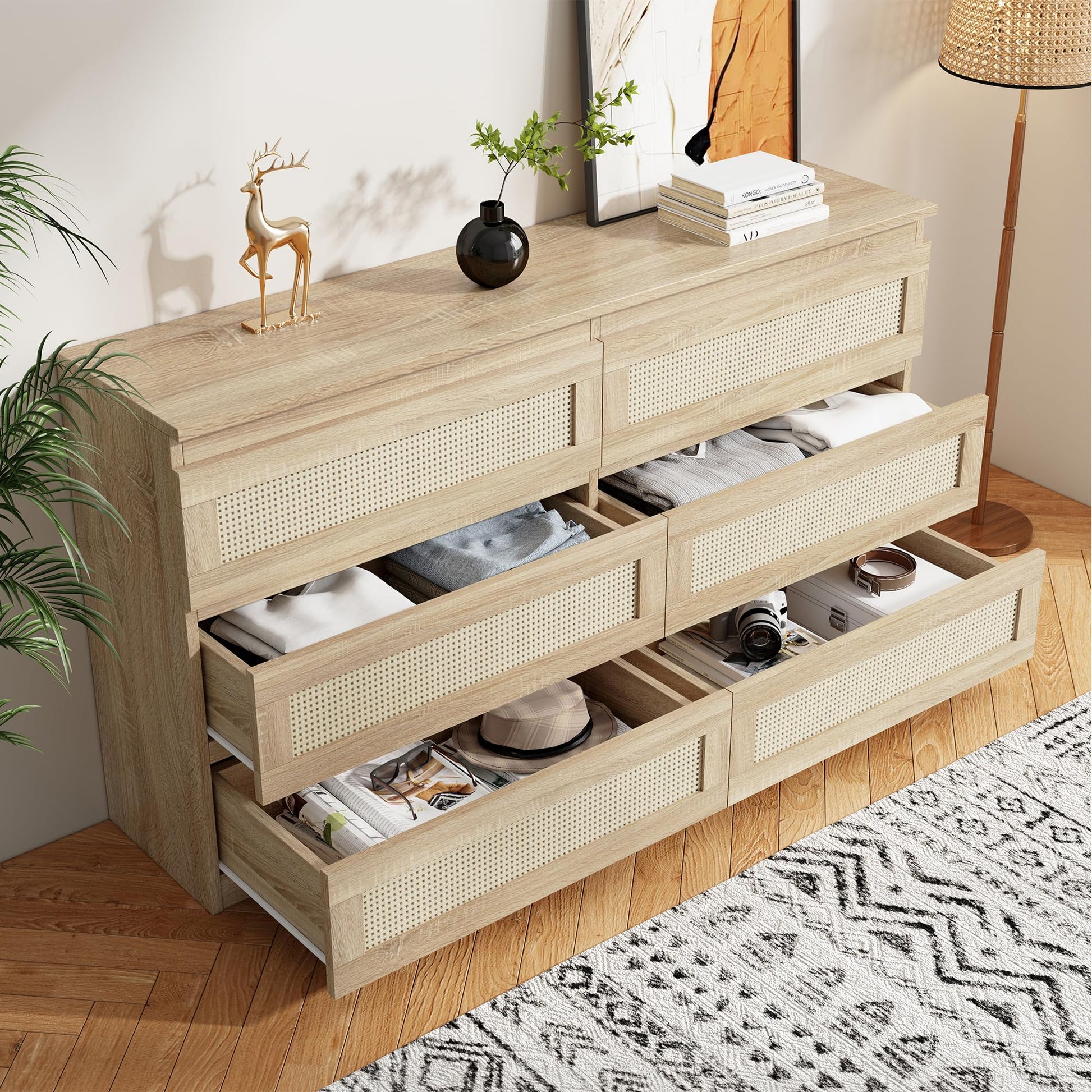 Rattan Dresser - Dresser for Bedroom 6 Drawer Dresser Organizer Storage Drawers, Chest of Drawers Entryway Table, Dresser for Bedroom, Nursery, Closet, Entryway - WoodArtSupply