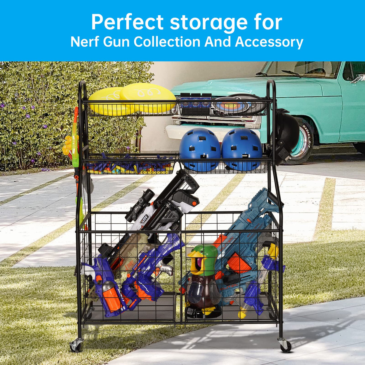 Kinghouse Garage Sports Equipment Organizer, Ball Storage Rack, Toy Storage, Nerf Gun Organization on Wheels for School, Garage, Black, Steel (Black) Kinghouse