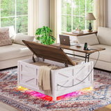 Seetech 35.8" Led Coffee Table with Lift Top Storage,Farmhouse Coffee Table for Living Room, Square Coffee Tables with Large Hidden Storage Compartment,AC Outlet and Adjustable Shelves,White Seetech