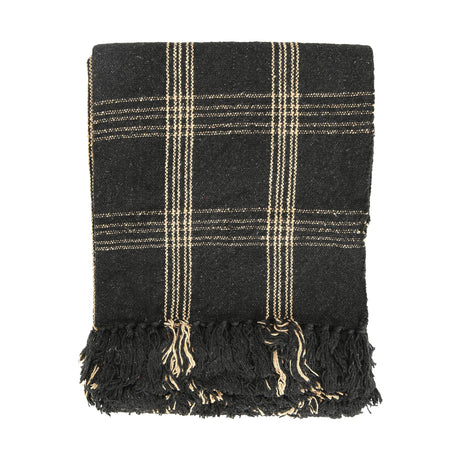 Plaid Black & Tan Fringed Woven Cotton Blend Throw Creative Co-Op