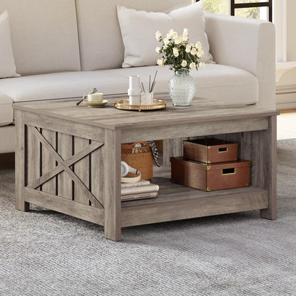 YITAHOME Coffee Table Farmhouse Coffee Table with Storage Rustic Wood Cocktail Table,Square Coffee Table for Living Meeting Room with Half Open Storage Compartment, Rustic Grey