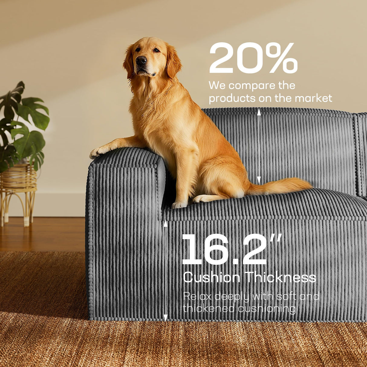 Marsail Modular Sectional Sofa, 111" L-Shaped Modular Sectional Couch with Deep Seat, Freely Combinable Sectional Clound Sofa for Living Room, No Assembly, Plush Corduroy Fabric, Grey Marsail