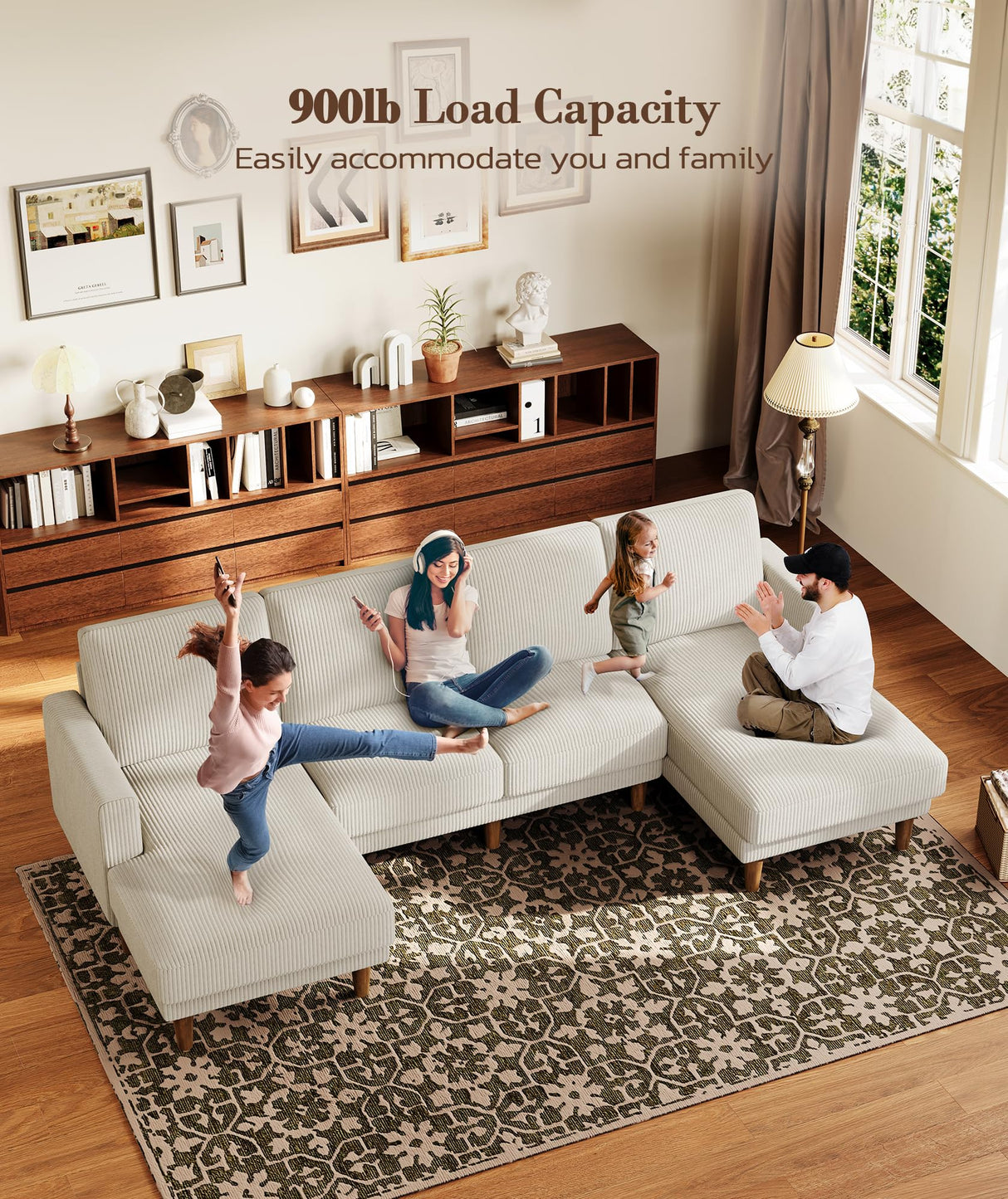 Kidirect 106" Beige U Shaped Couch with Chaises, Corduroy Sectional Couches for Living Room No Tool Assembly, 4 Seats Loveseat Sofa Comfy Sectional Sofas for Living Room Apartment Home 900lb Load Kidirect