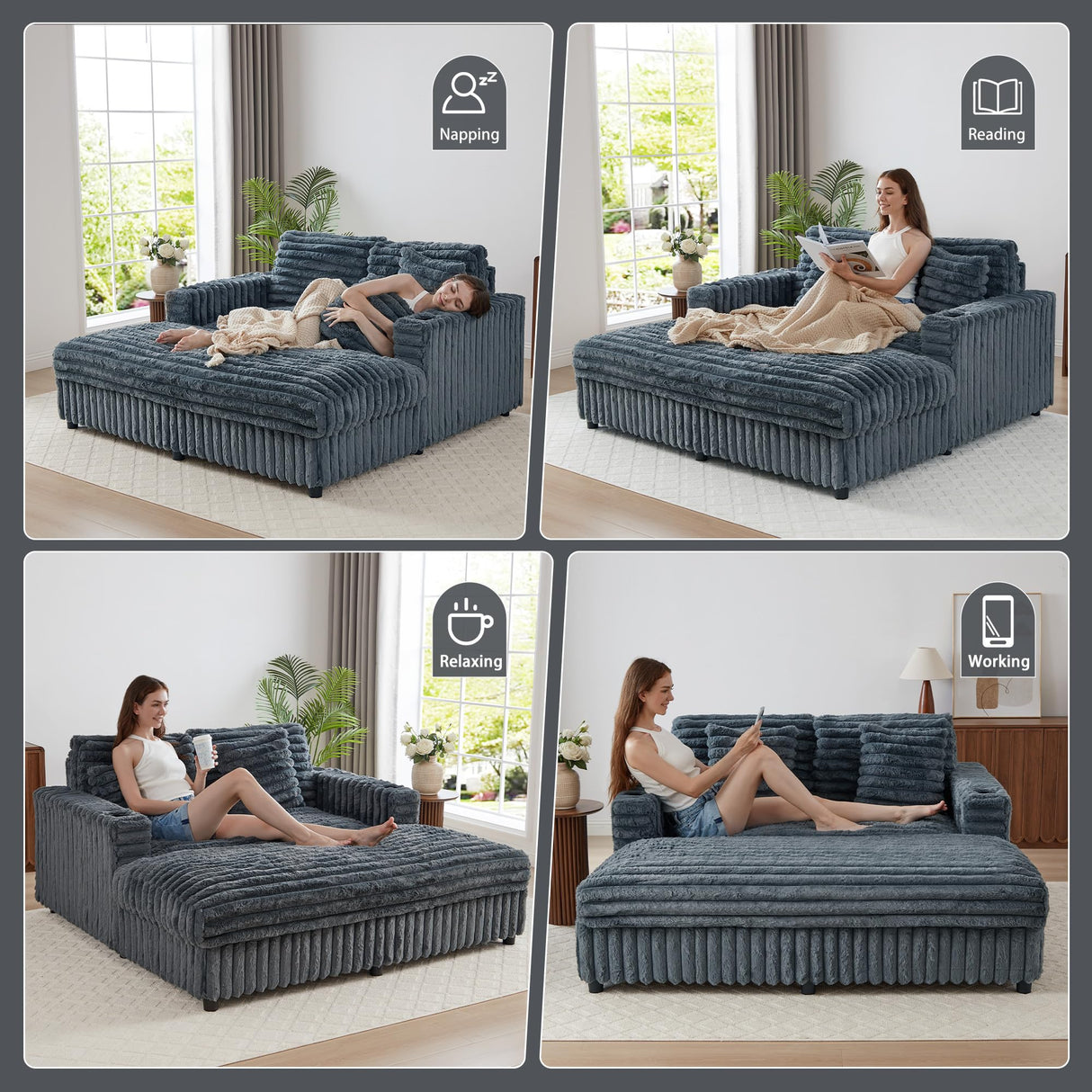 RARZOE 64'' Oversized Chaise Lounge Chair Indoor, Plush Faux Rabbit Fur Sleeper Sofa Bed with 4 Pillows, Charging Station & Cup Holders, Fluffy Comfy Cloud Couch Loveseat Sofa for Living Room,Grey RARZOE